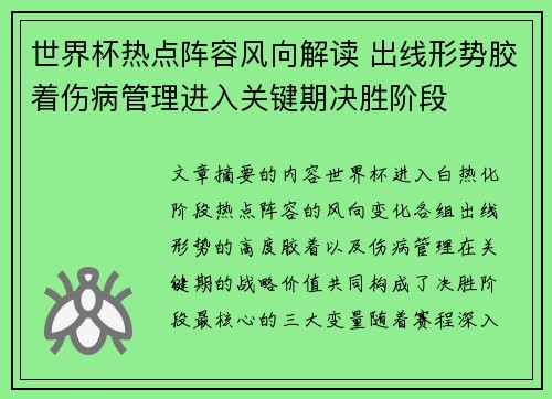 世界杯热点阵容风向解读 出线形势胶着伤病管理进入关键期决胜阶段